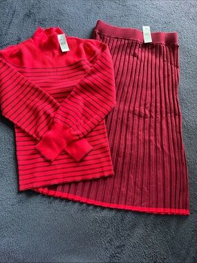 Ribbed Knit Midi Skirt and sweater in Deep Raspberry